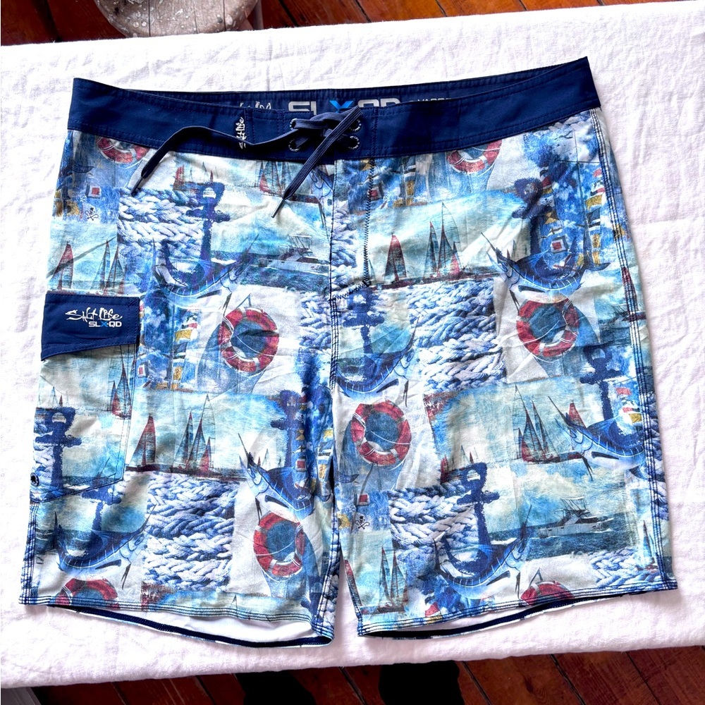 Men’s Salt Life SLX-QD Vapor Stretch Board/Swim Shorts Tie Front Nautical Size36